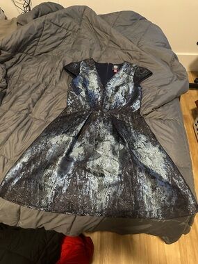 Vince Camuto Metallic Blue-Gray Fit-and-Flare Formal Dress